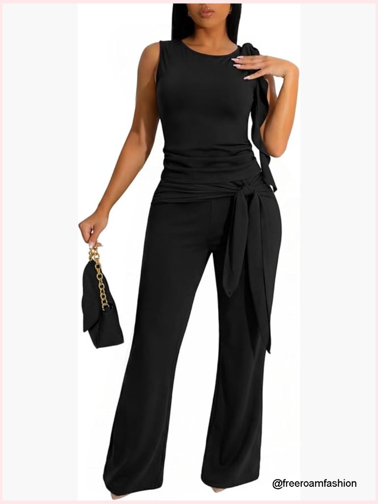 Ruffle Waist Sleeveless 2 Piece Set High Waist Flared Pants